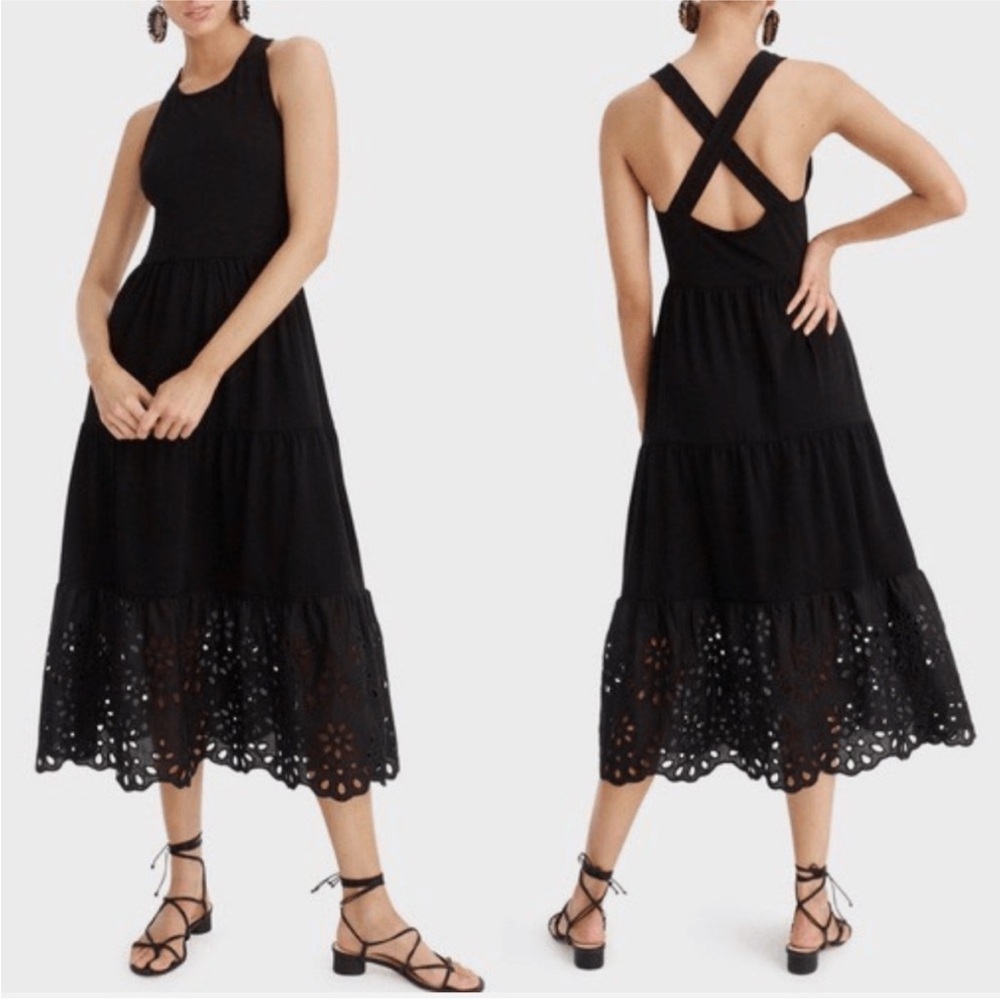 J. CREW Tiered Cotton Black Boho Eyelet Hem Summer Boho Long Dress S